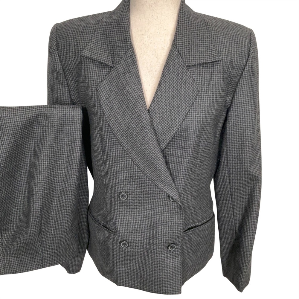 Halston Skirt Suit Womens Gray Black Houndstooth Double Breasted 2 Pc Wool VTG